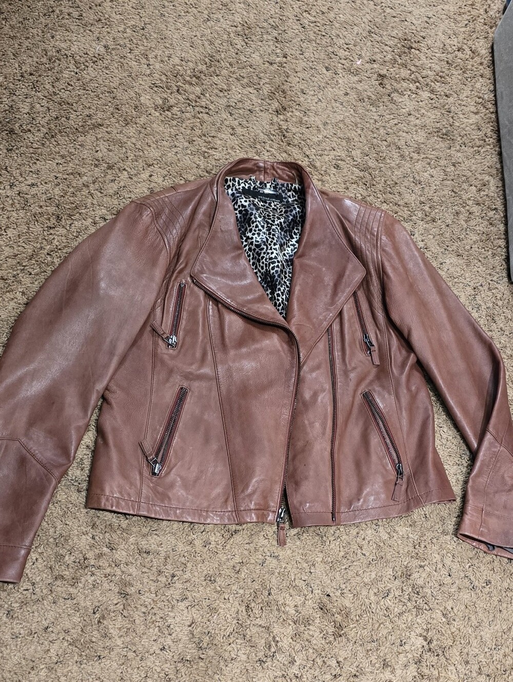 Wilsons Leather Rust Brown Moto Jacket with Leopard Lining